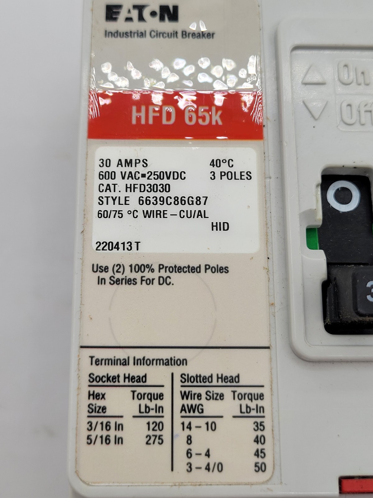 Eaton HFD3030 Bolt-On Circuit Breaker 30A 3P 600V HFD65K Red 30 Amp