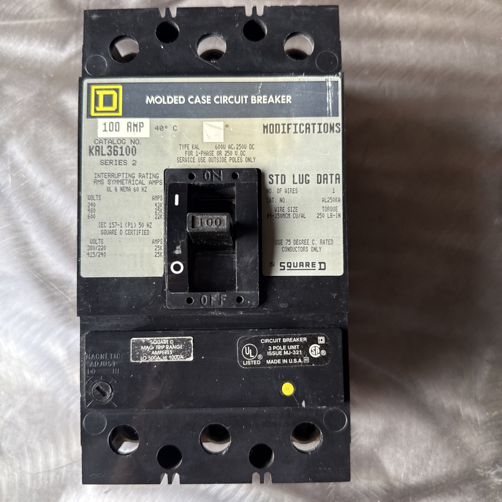 Square D KAL36100 3 Pole 600V 100A Circuit Breaker KAL