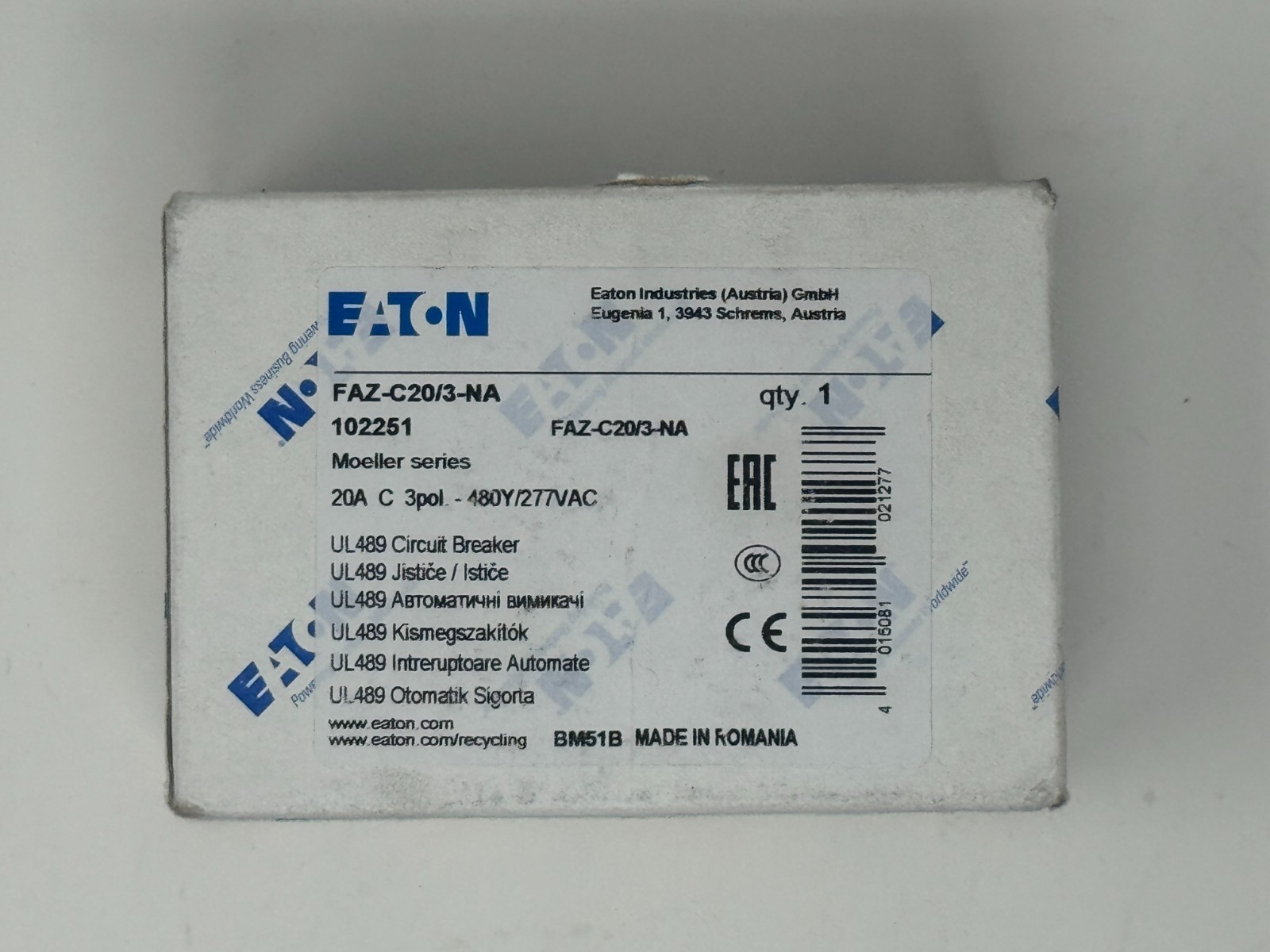 Eaton FAZ-C20/3-NA Circuit Breaker, 20A, 3-Pole, 102251 (New In Box)