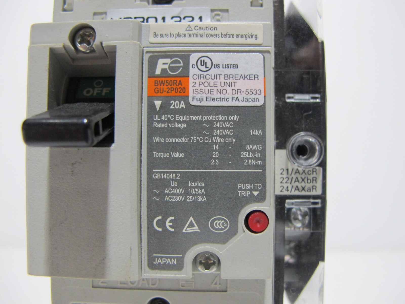 Fuji Electric BW50RAGU-2P020 20 Amp Auto Breaker 2-Pole 20A 690VAC 250VDC BW50RA