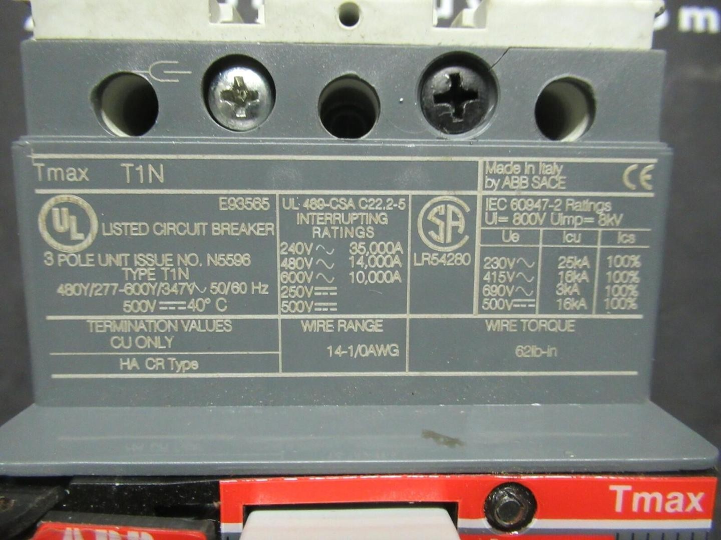 ABB BREAKER TMAX T1N 15 AMP 240/480/600 VAC 500 VDC 3 POLE * WARRANTY *
