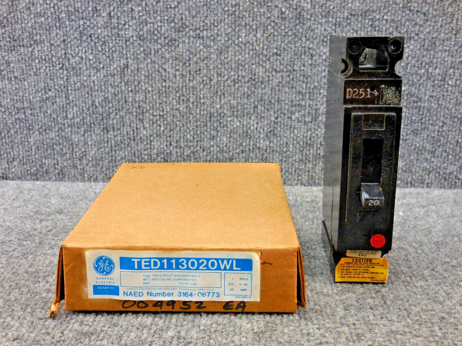 NOS New Unused GE General Electric TED113020WL TED Circuit Breaker 1 Pole 20amp