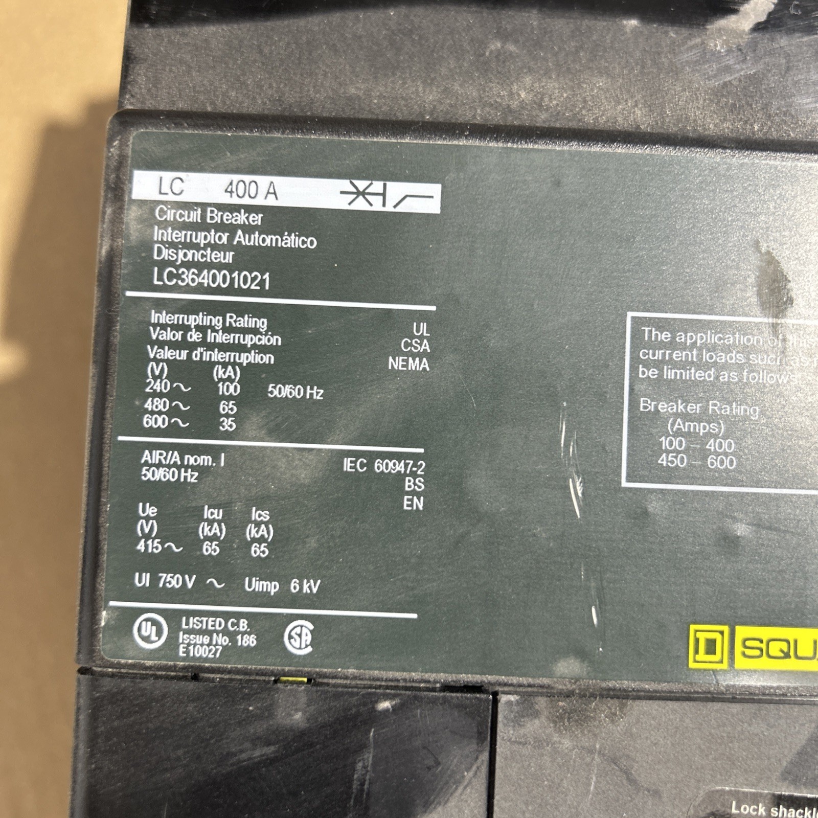 Square D LC36400 I-Line 400A 600V 3 Pole Molded Case Circuit Breaker