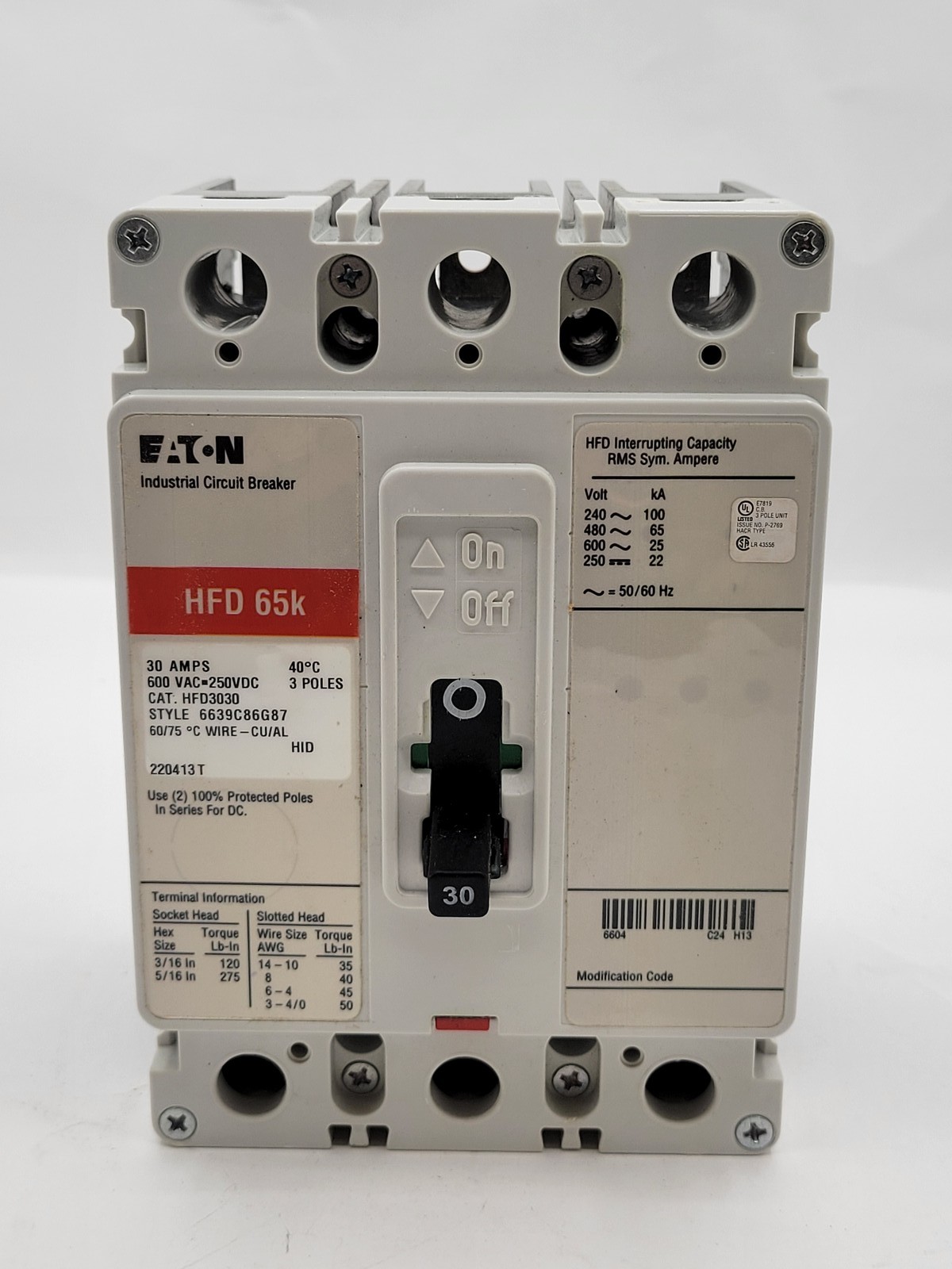 Eaton HFD3030 Bolt-On Circuit Breaker 30A 3P 600V HFD65K Red 30 Amp