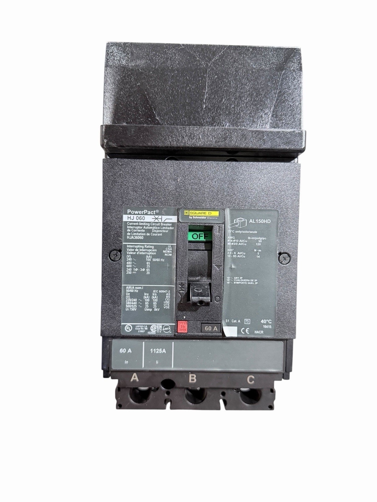 Square D HJA36060 PowerPacT H 60A 3 Pole I-Line Circuit Breaker