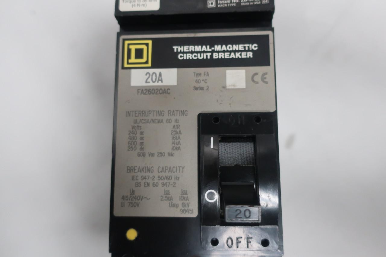 Square D FA26020AC Molded Case Circuit Breaker 2p 20a Amp 240/480/600v-ac