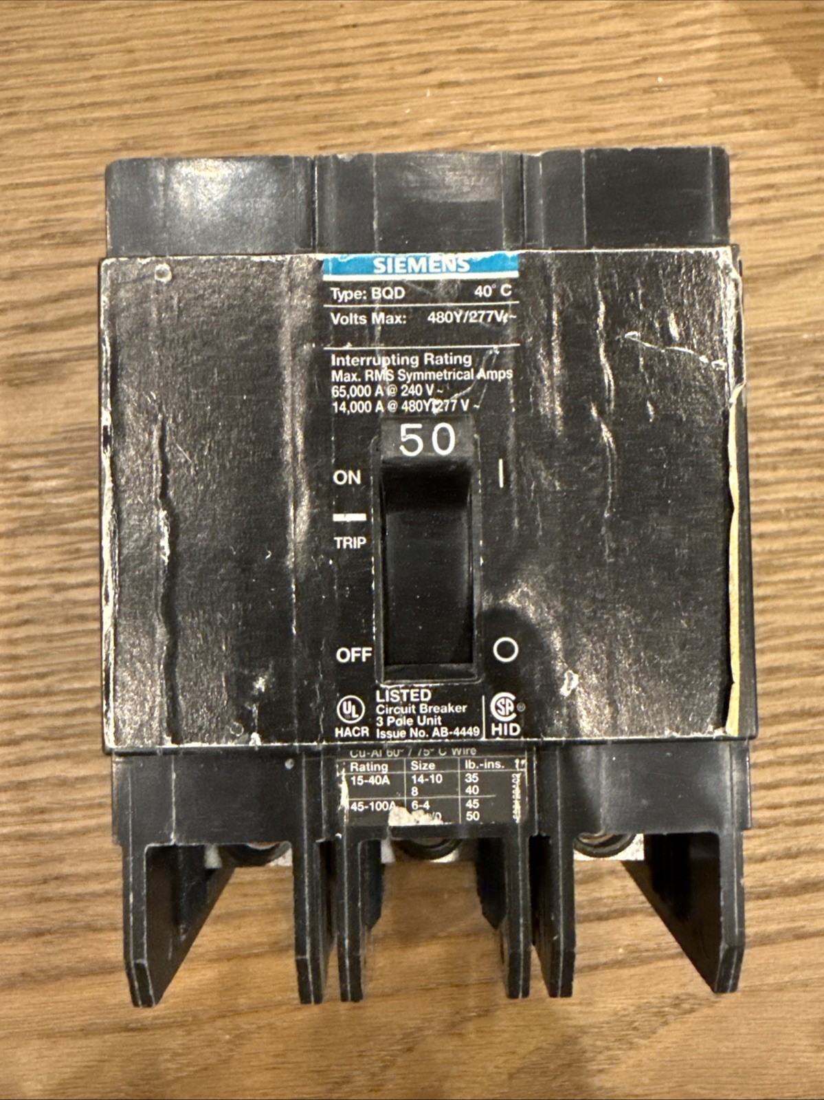 Siemens BQD350 Circuit Breaker 50A 480Y/277V 3-Pole