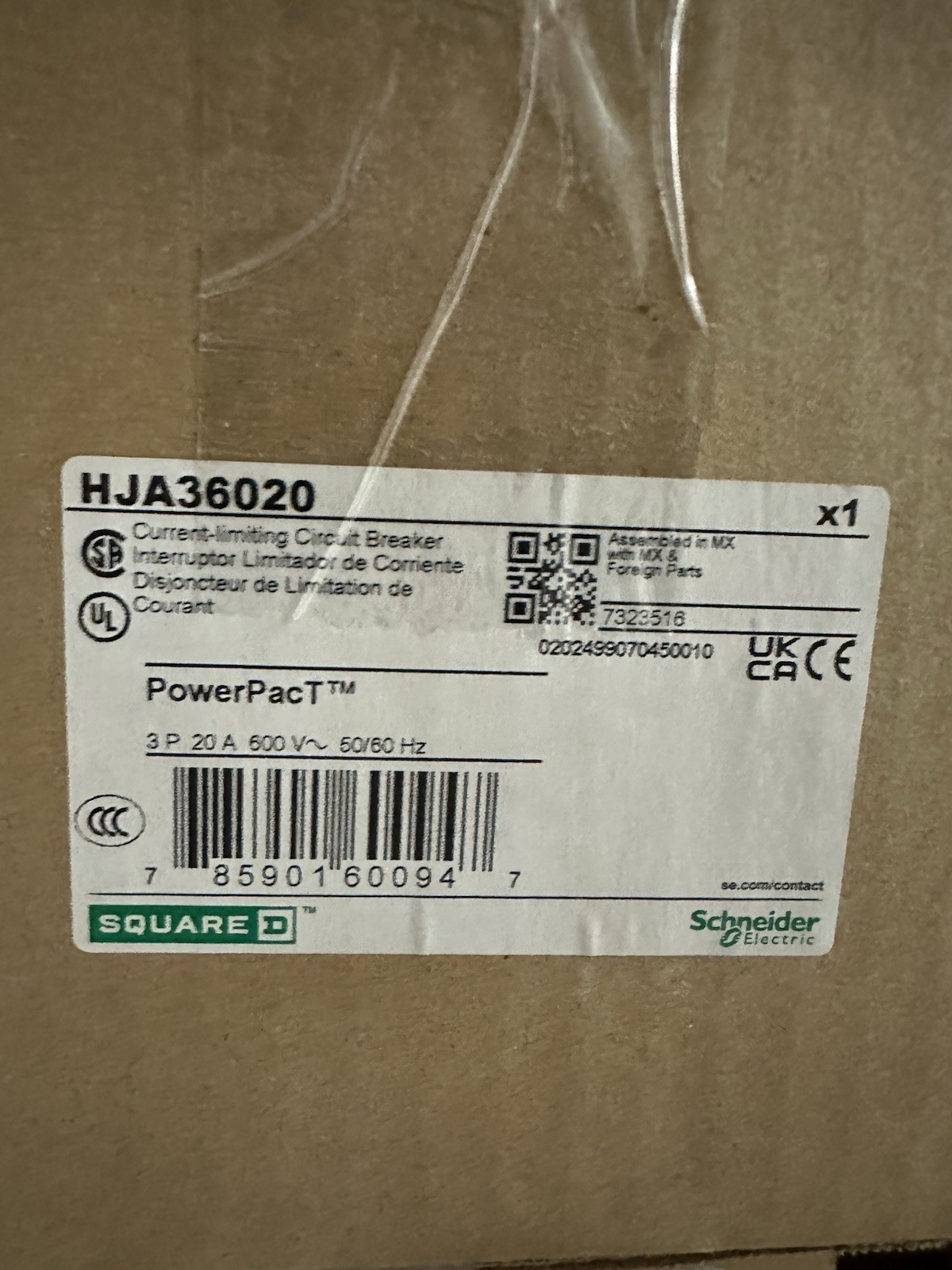 Square D Schneider Electric HJA36020 PowerPacT Circuit Breaker 20A 600V 3P