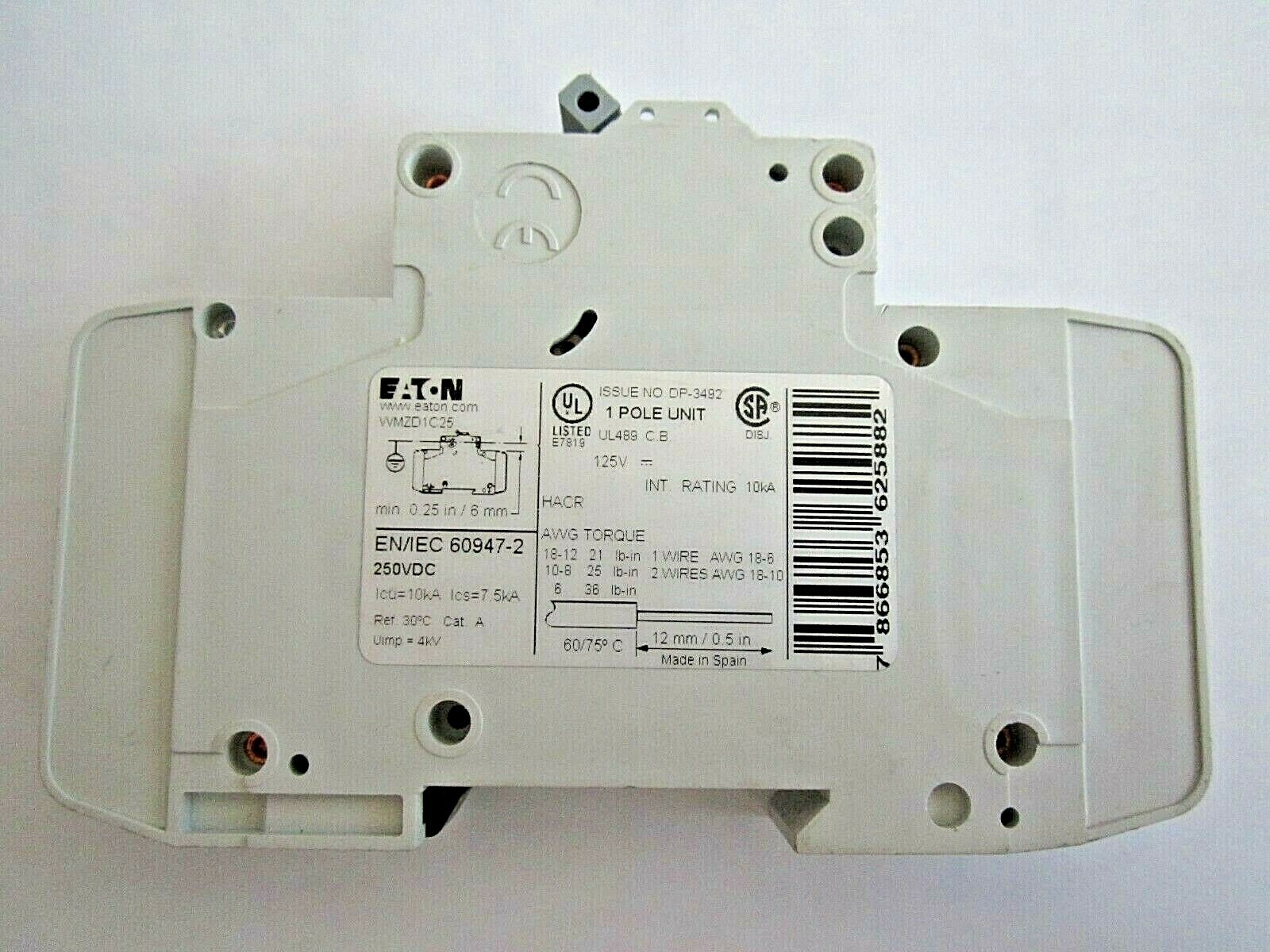 NEW EATON WMZD1C25 CIRCUIT BREAKER 25A 125V DC 1 POLE DIN RAIL