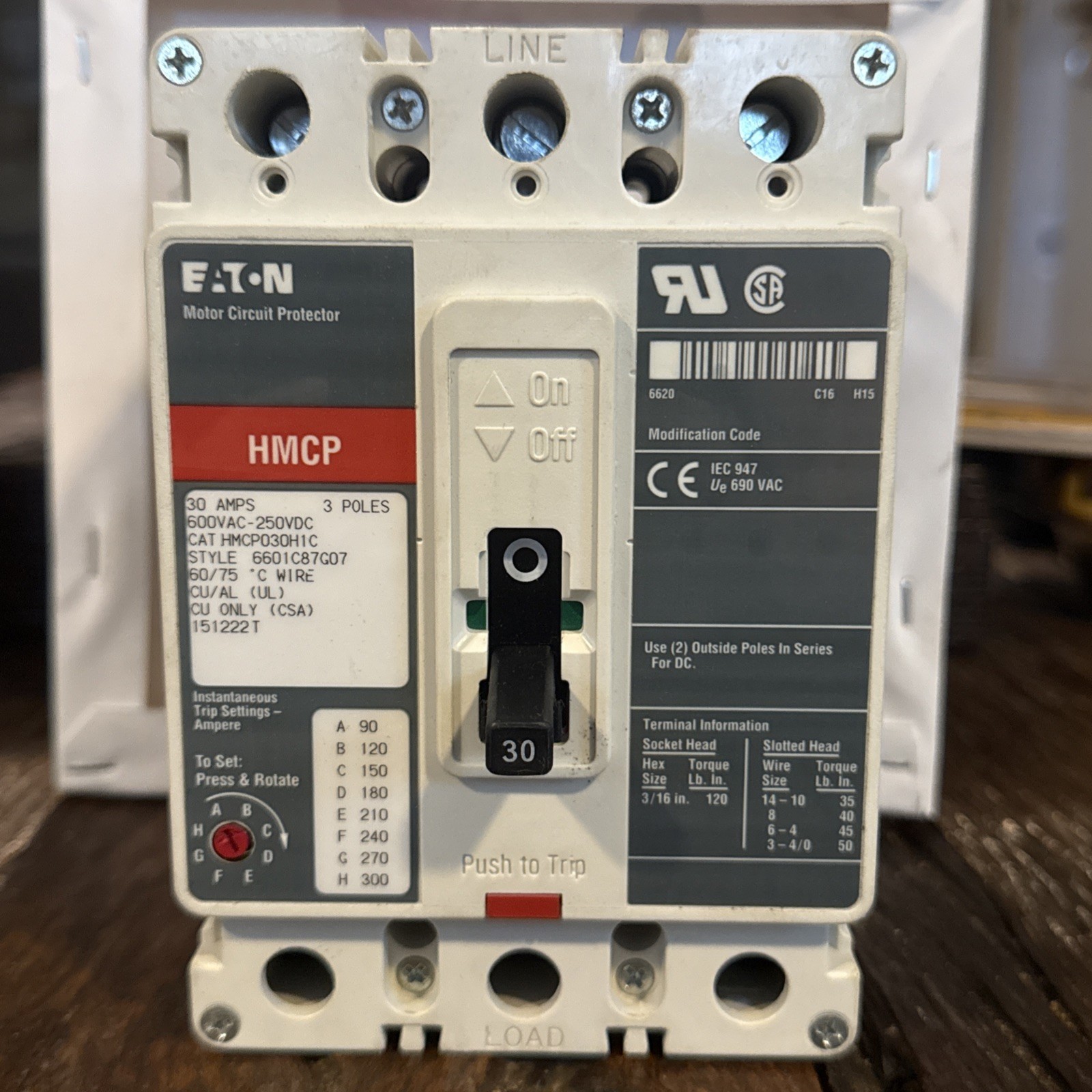 Eaton HMCPS030H1C Thermal Magnetic Circuit Breaker, F-Frame, C,30A,3 Pole, 25kva