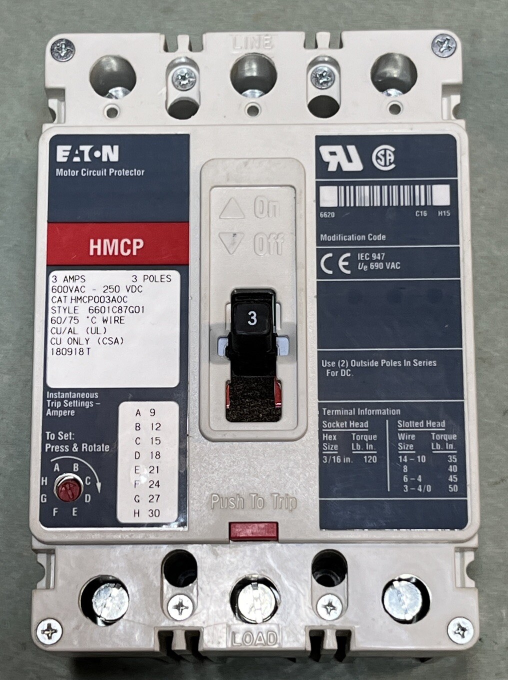 *NEW Eaton Cutler-Hammer HMCPS003A0C Circuit Breaker Motor Protector 3P 3A 600V