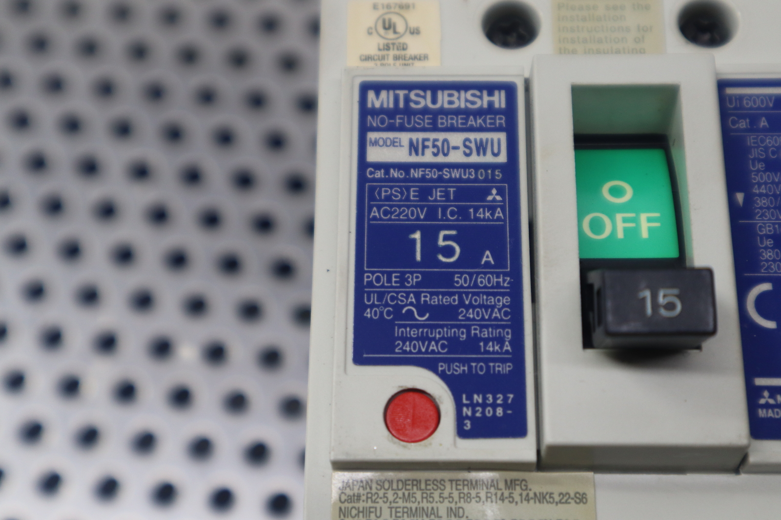 Mitsubishi NF50-SWU 15A No-Fuse Breaker 3-Pole 240VAC W/ F05SWUA Handle Used