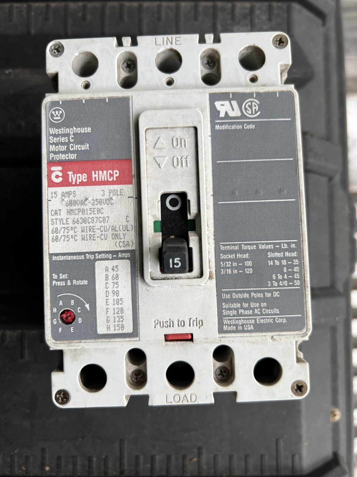 Eaton Cutler-Hammer HMCP015E0C 15 Amp 3-Pole Motor Circuit Protector 600V