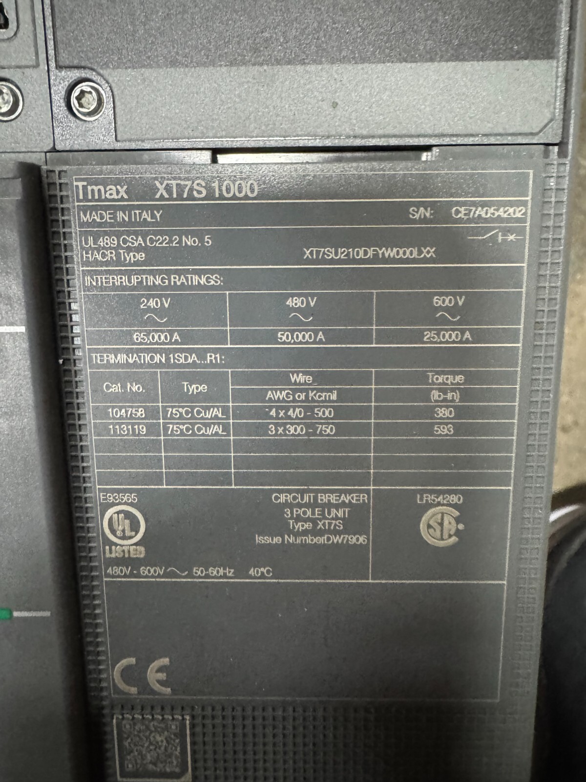 ABB Tmax XT7S 1000 Ekip Dip LSI In+1000A, 2 Pole Circuit Breaker