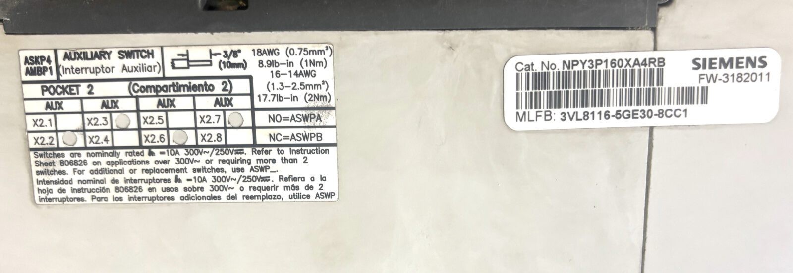Siemens NPY3P160 3P 1600A 600V Breaker w/Aux, Trip Unit (NOLUGS)