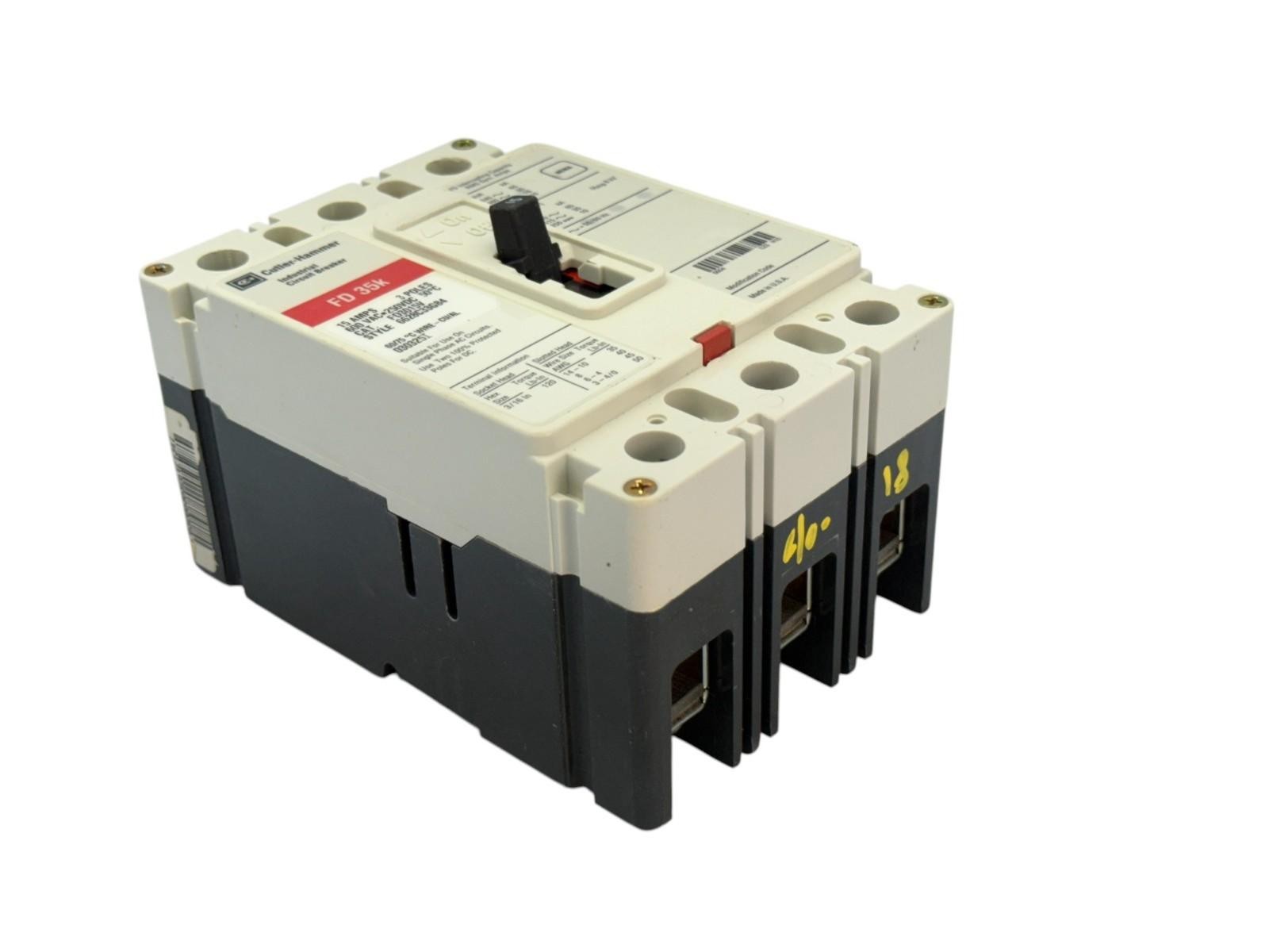 EATON CUTLER HAMMER FD3015V 3 POLE 15 AMP 600 VOLT 35kA@480V CIRCUIT BREAKER