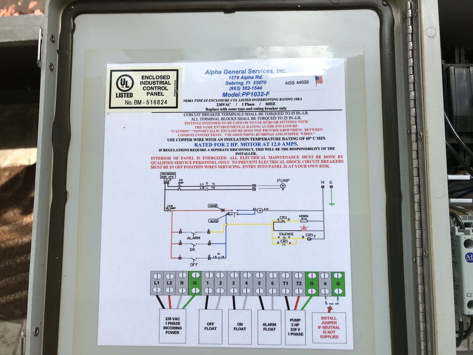 ALPHA GENERAL Control Panel Circuit Breaker Terminals PP1032-F Nema Type 4X Encl
