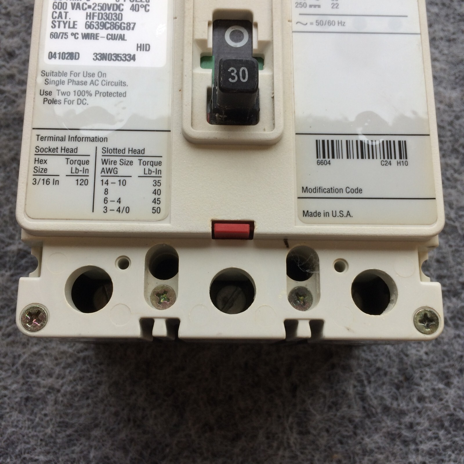Cutler Hammer HFD3030 30A Circuit Breaker Glossy Red 600V 30 Amp Eaton
