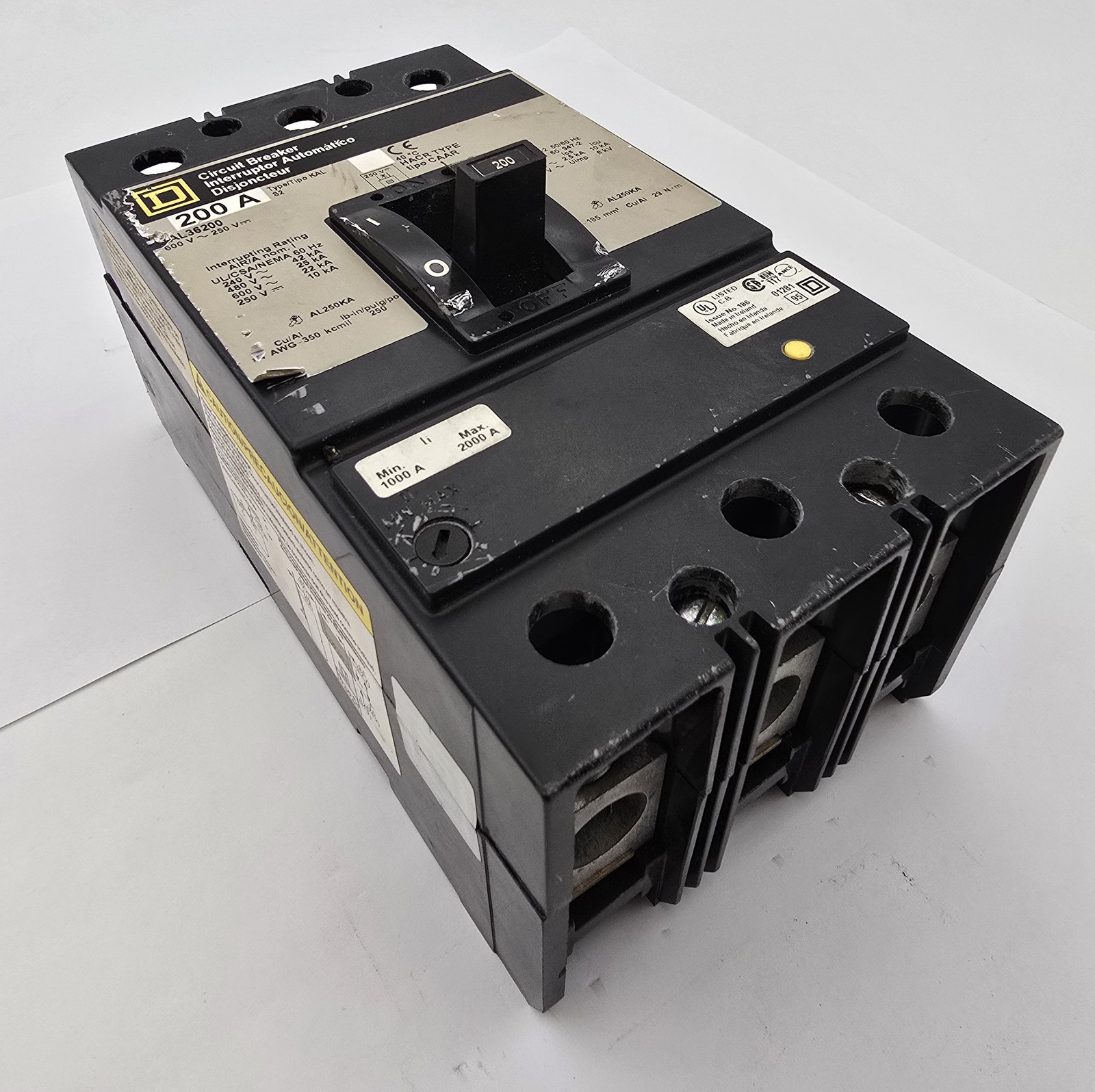 Square D KAL36200 Bolt On Circuit Breaker 200A 600VAC 250VDC HACR 50/60Hz