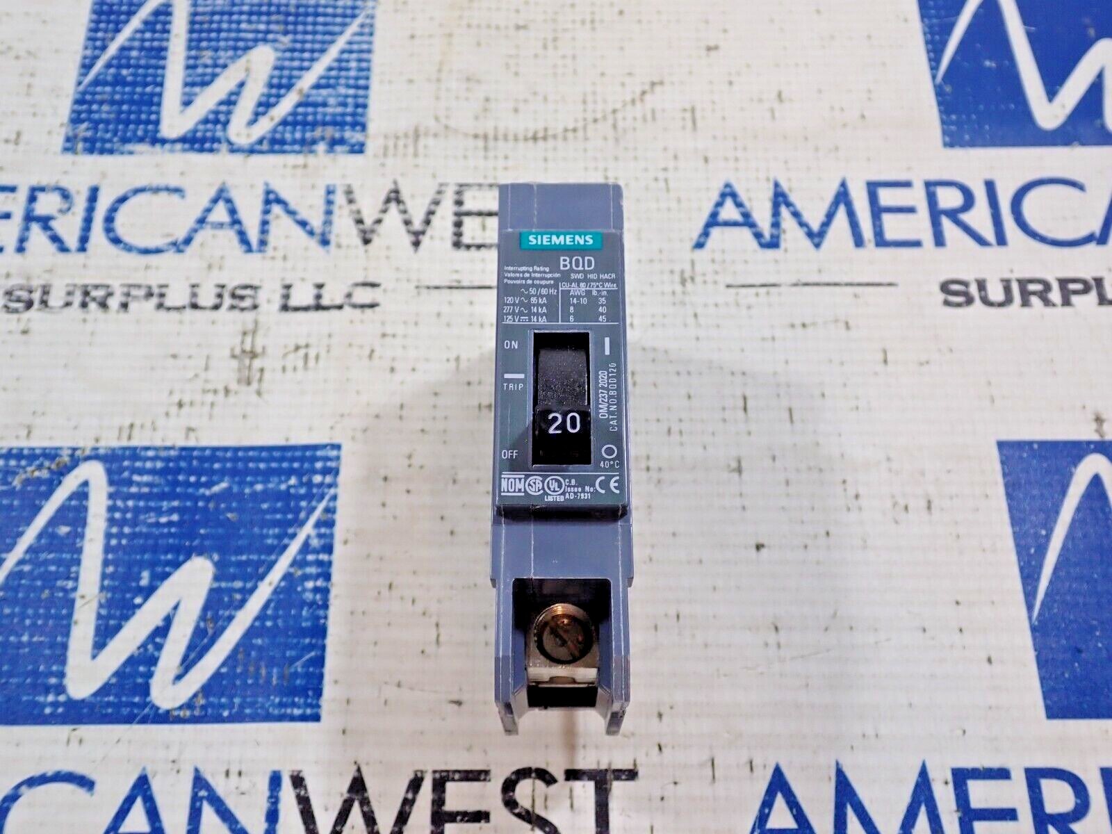 Siemens BQD120 20 Amp 1 Pole 14kA@277V BQD Bolt On Circuit Breaker New Take Out