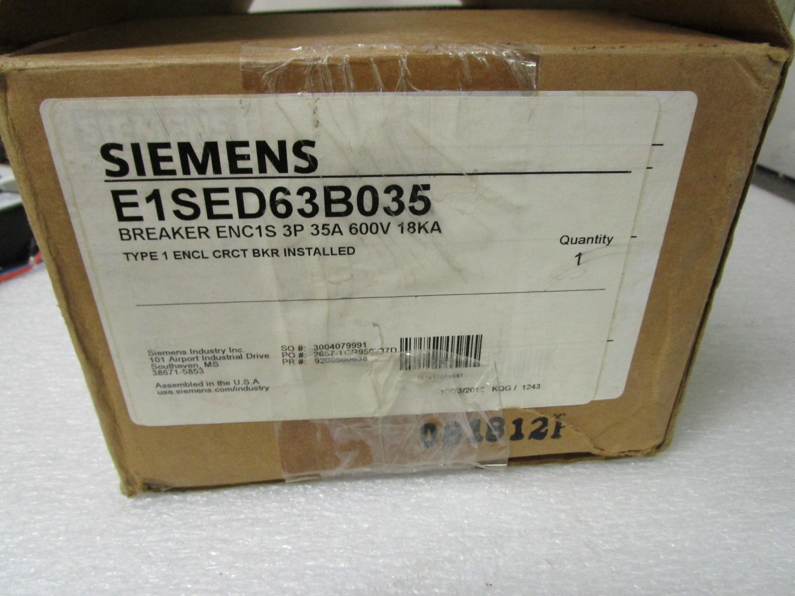 Siemens Circuit Breaker Enclosure E1SED63B015 ENC1S 3P 35A 600V 18KA New in Box!