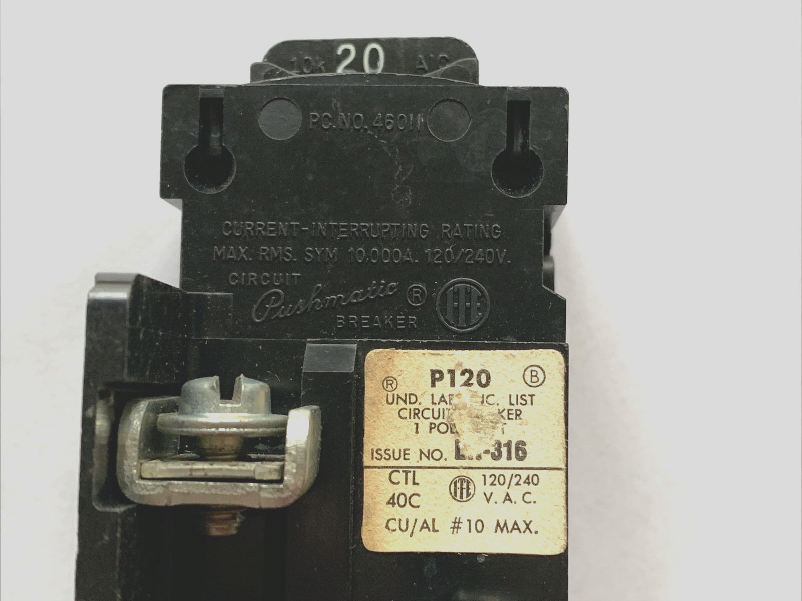 1X-Pushmatic ITE P120 20 Amp 1 Pole Circuit Breaker TYPE P 120V 20A 1P –USED–