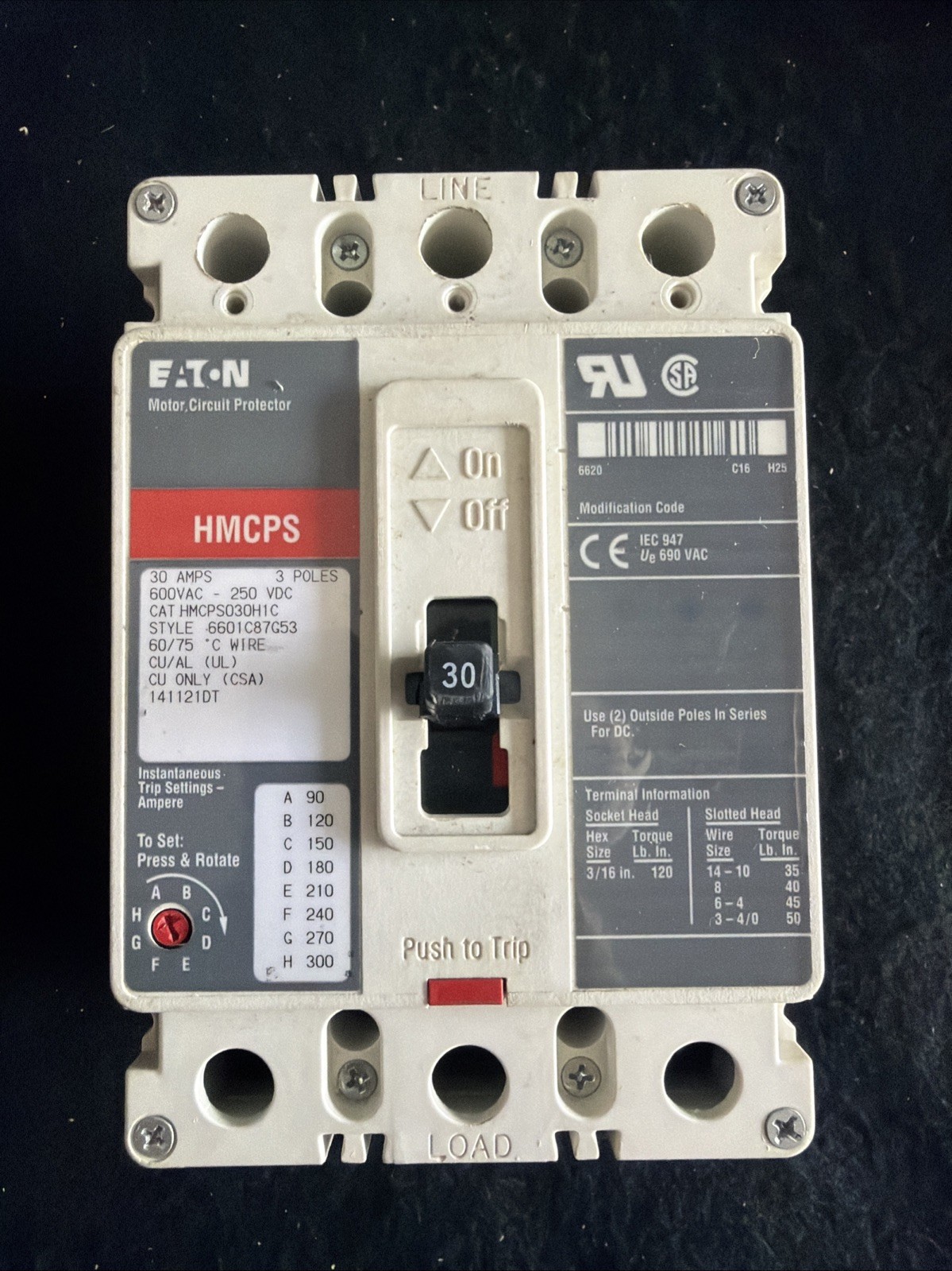 Eaton HMCPS030H1C Molded Case Circuit Breaker, 3P, 30A, 600V-AC, 250v-dc
