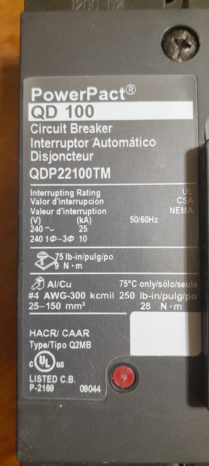 SQUARE D QDP22100TM 2 pole 100 amp 25kA@240v QD PowerPact Breaker