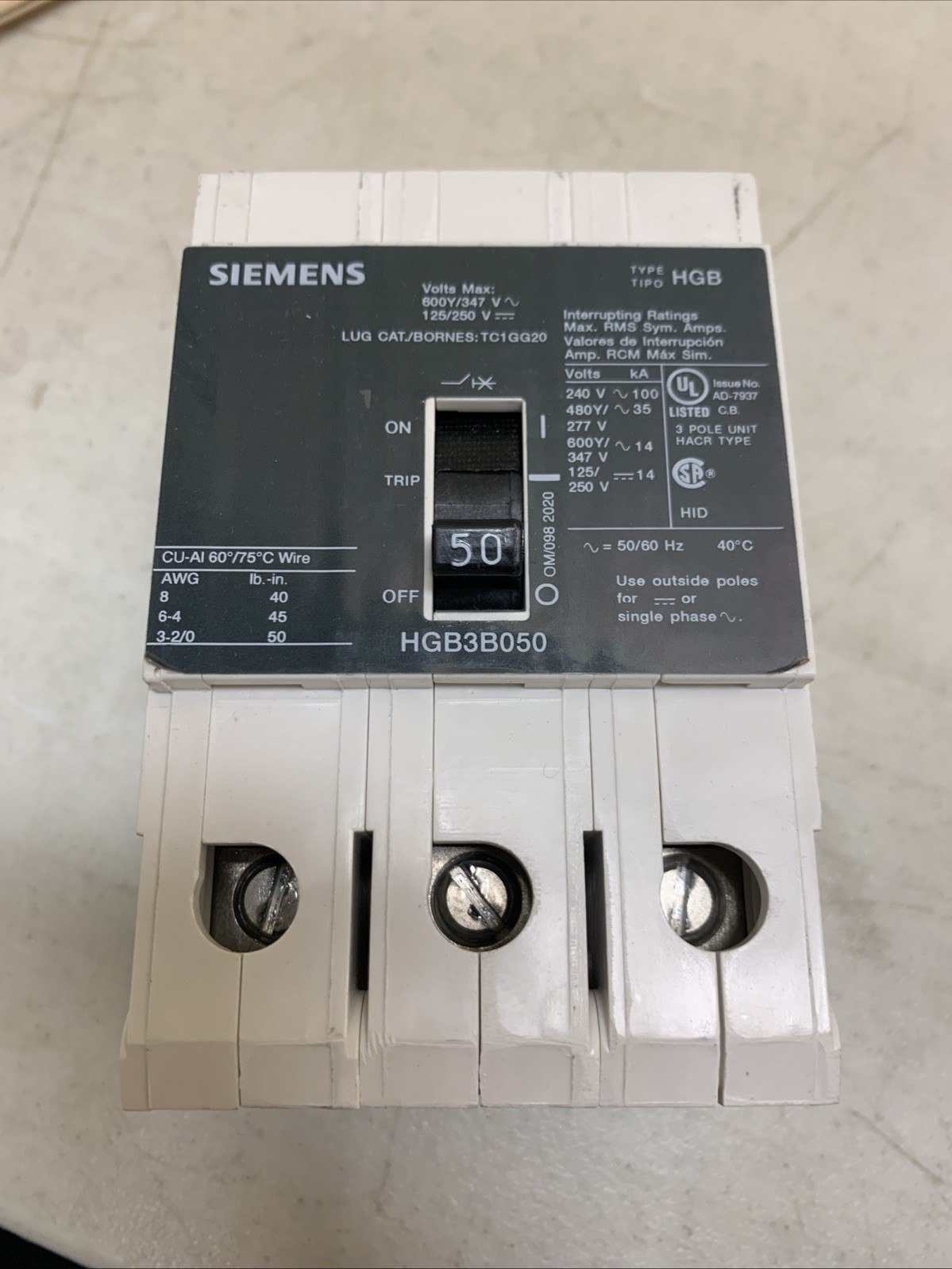 Siemens 50AMP Breaker Type HGB