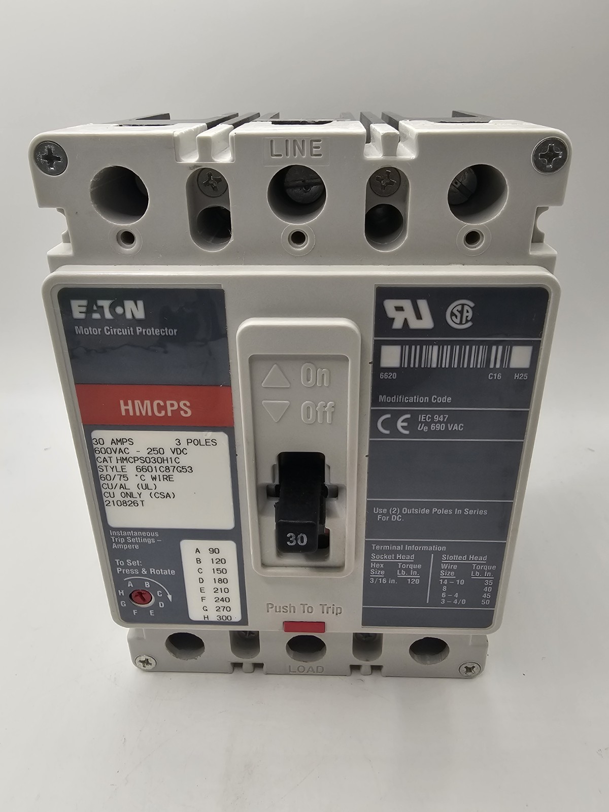 Eaton HMCPS030H1C Circuit Breaker, F-Frame, C,30A,3 Pole, 25kva
