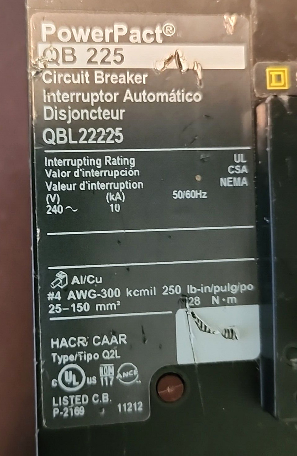 Square D PowerPact QB 225 Circuit Breaker QBL22225