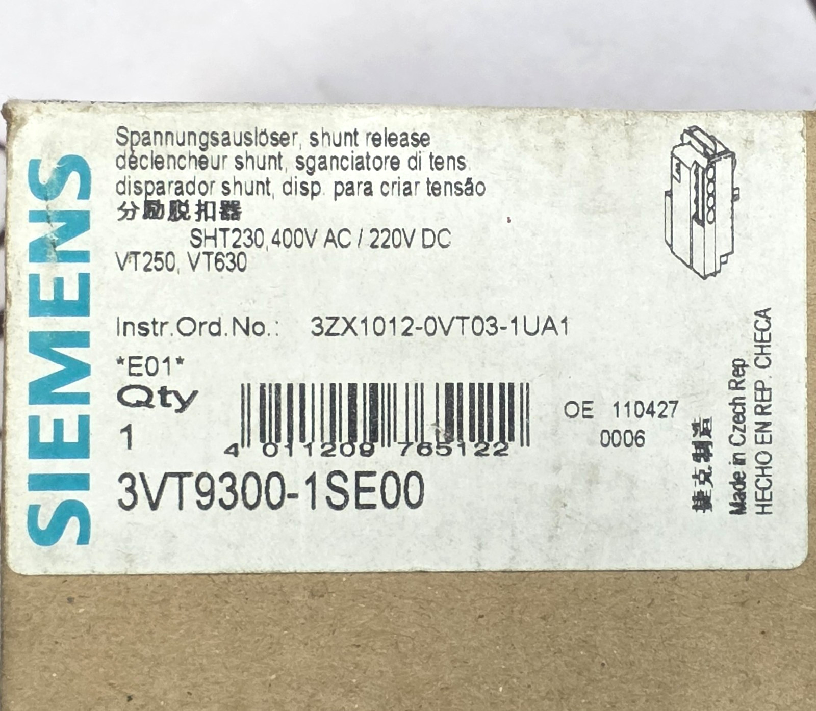 SIEMENS 3VT9300-1SE00 CIRCUIT BREAKER ACCESSORY SHT 230-400VAC/220VDC