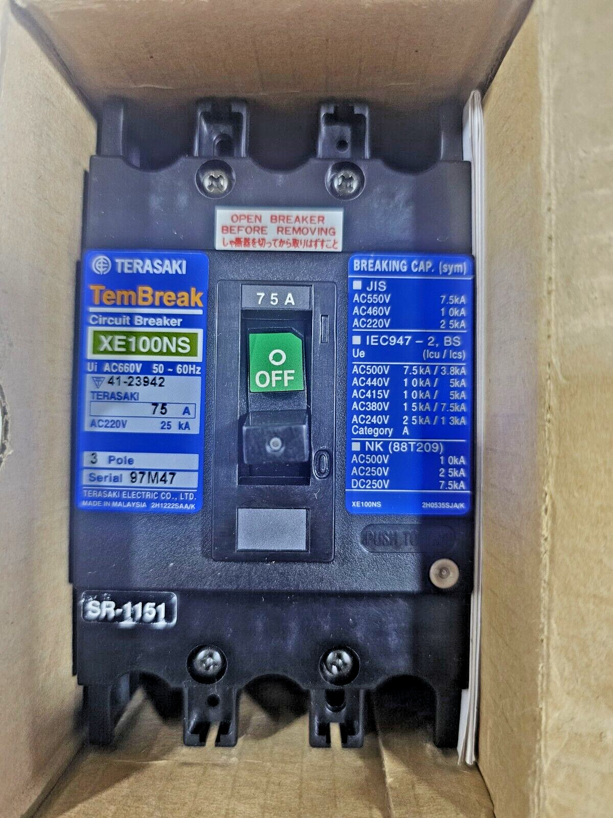 TERASAKI TEMBREAK CIRCUIT BREAKER XE100NS 75A 660V MADE IN JAPAN