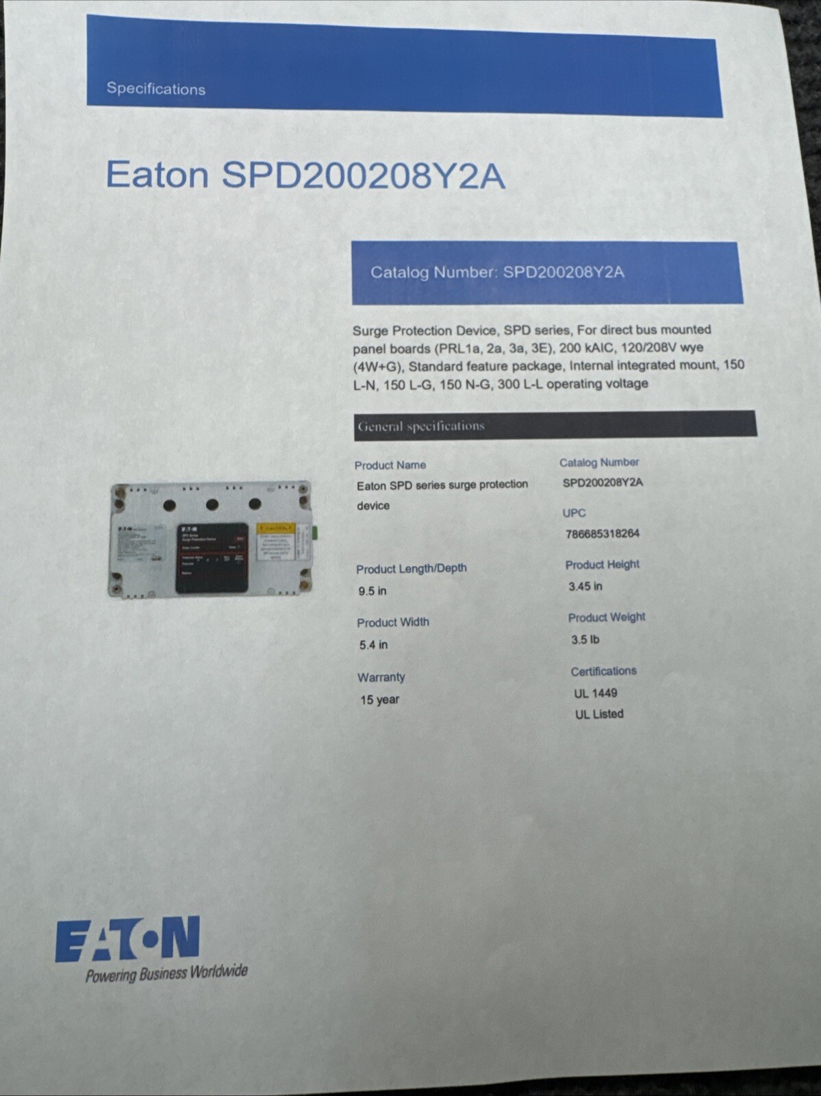EATON SPD200208Y2A 120/208V 50/60HZ 4 Wire w/Ground 200KA SPD Surge Protective