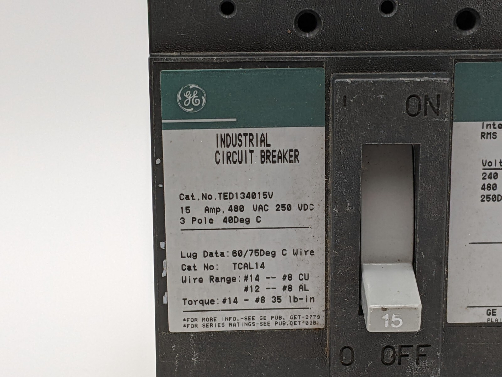 General Electric GE TED134015V Circuit Breaker 15 Amp 3 Pole 480 VAC 250 VAC