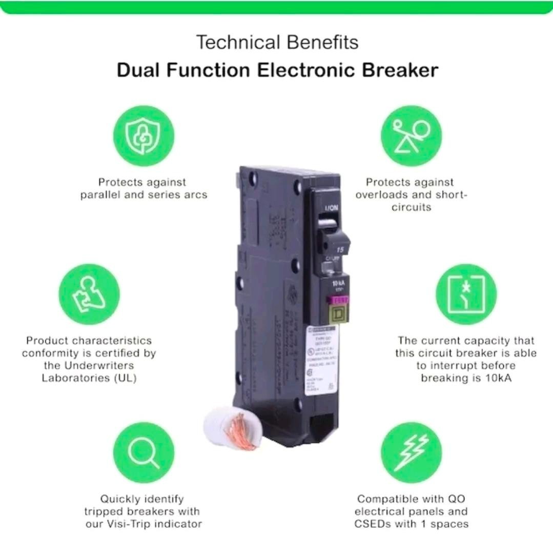 Square D QO115DFC 15 Amp Dual Function 1-Pole Pigtail Breaker GFI CAFI