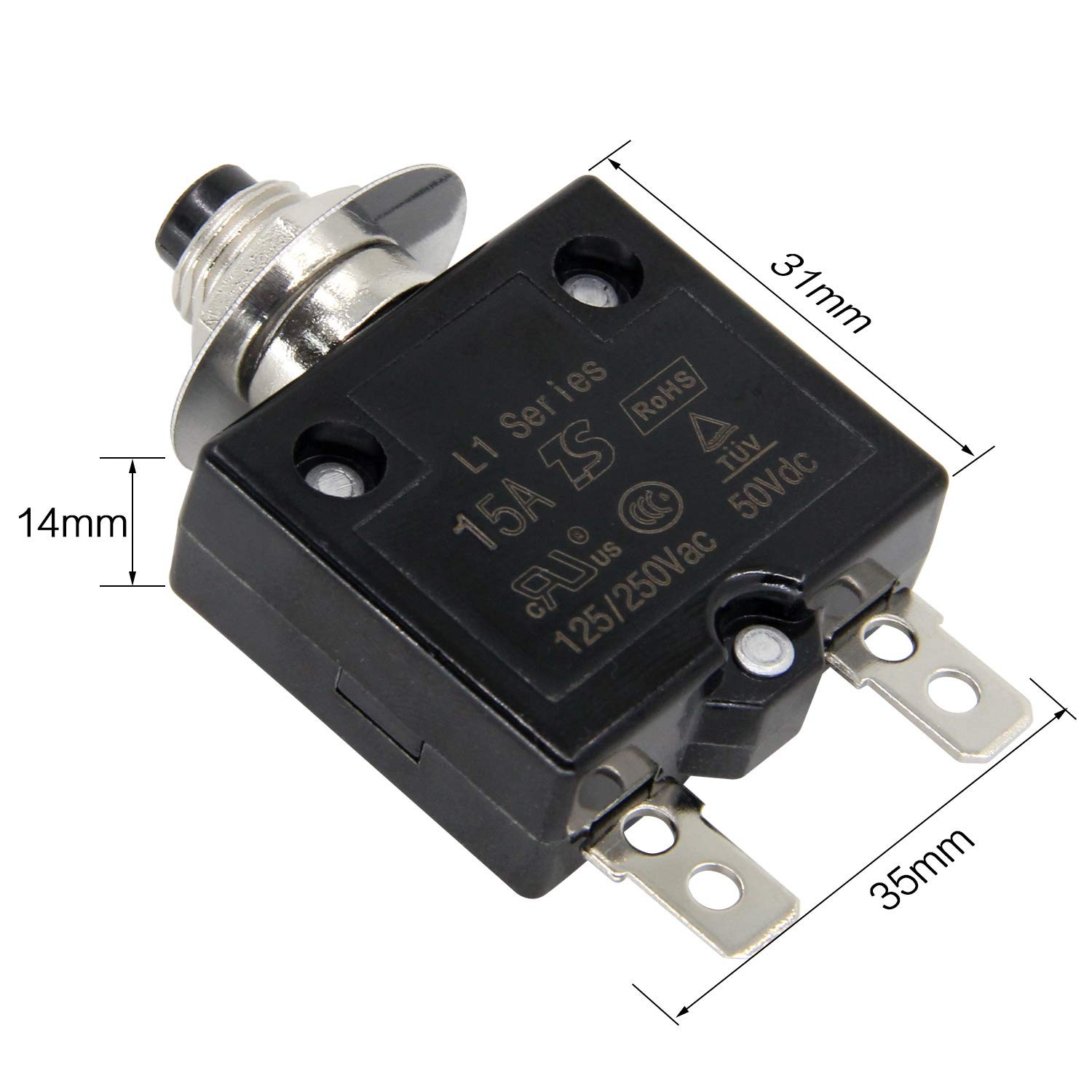 125-250V AC 50V DC Push Button Circuit Breaker 15Amp Thermal Overload Protector