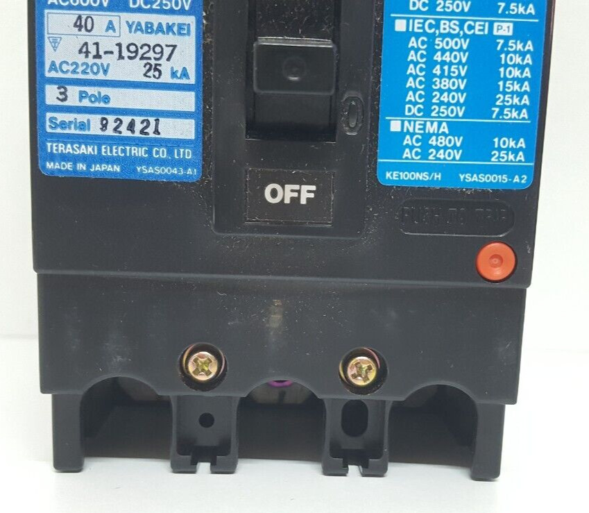 TERASAKI TEMBREAK XE100NS 3 POLE 40 AMPS CIRCUIT BREAKER AC600V DC250V