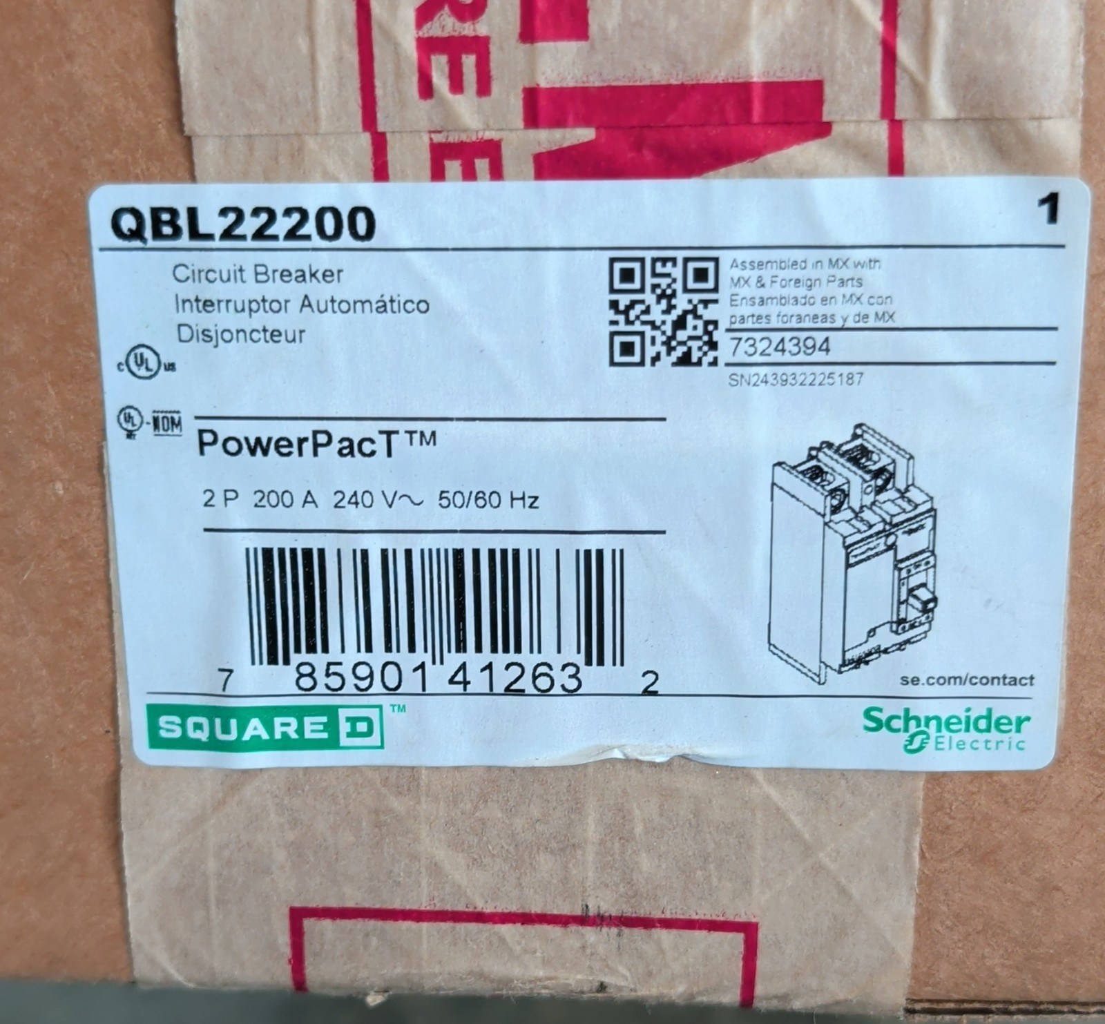 Square D Schneider Electric QBL22200 200A 2-Pole PowerPacT Circuit Breaker 240V