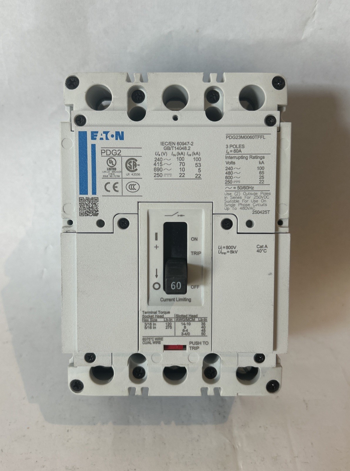 Eaton PDG23M0060TFFL 60 Amp 3 Pole 690 V Max 100 kA 50/60 Hz Circuit Breaker