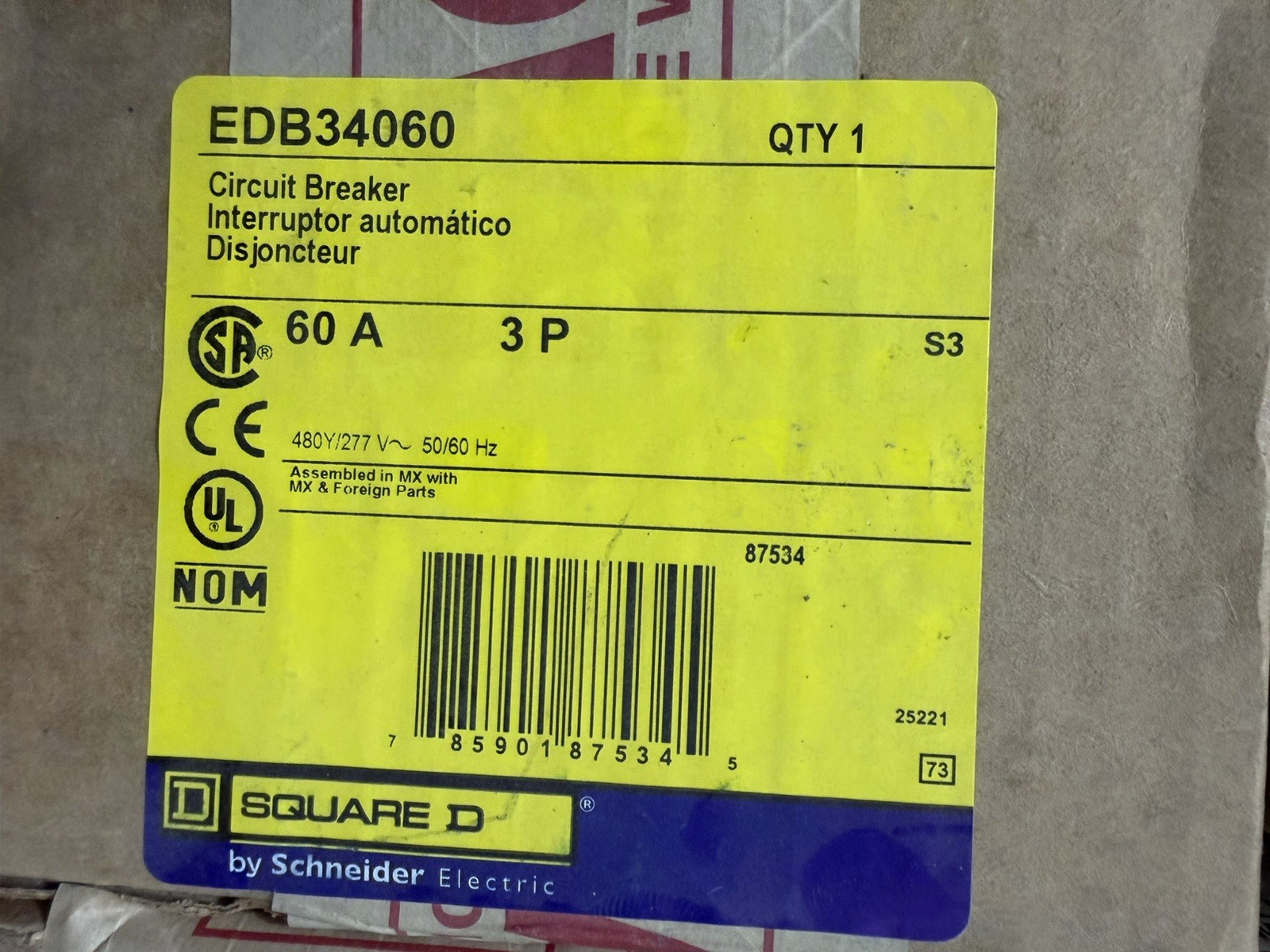 Square D by Schneider Electric EDB34060 3-Pole 60A 480Y/277V Circuit Breaker