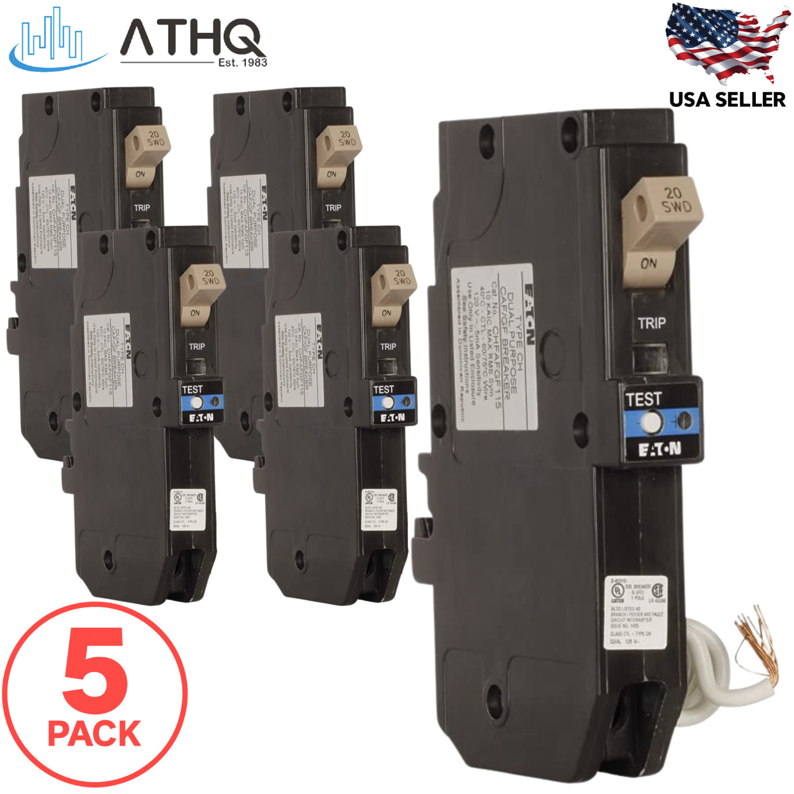 PACK OF 5 Eaton CHFN120DF 20A 1-Pole 120V AFCI/GFCI Pigtail Breaker Type CH NEW