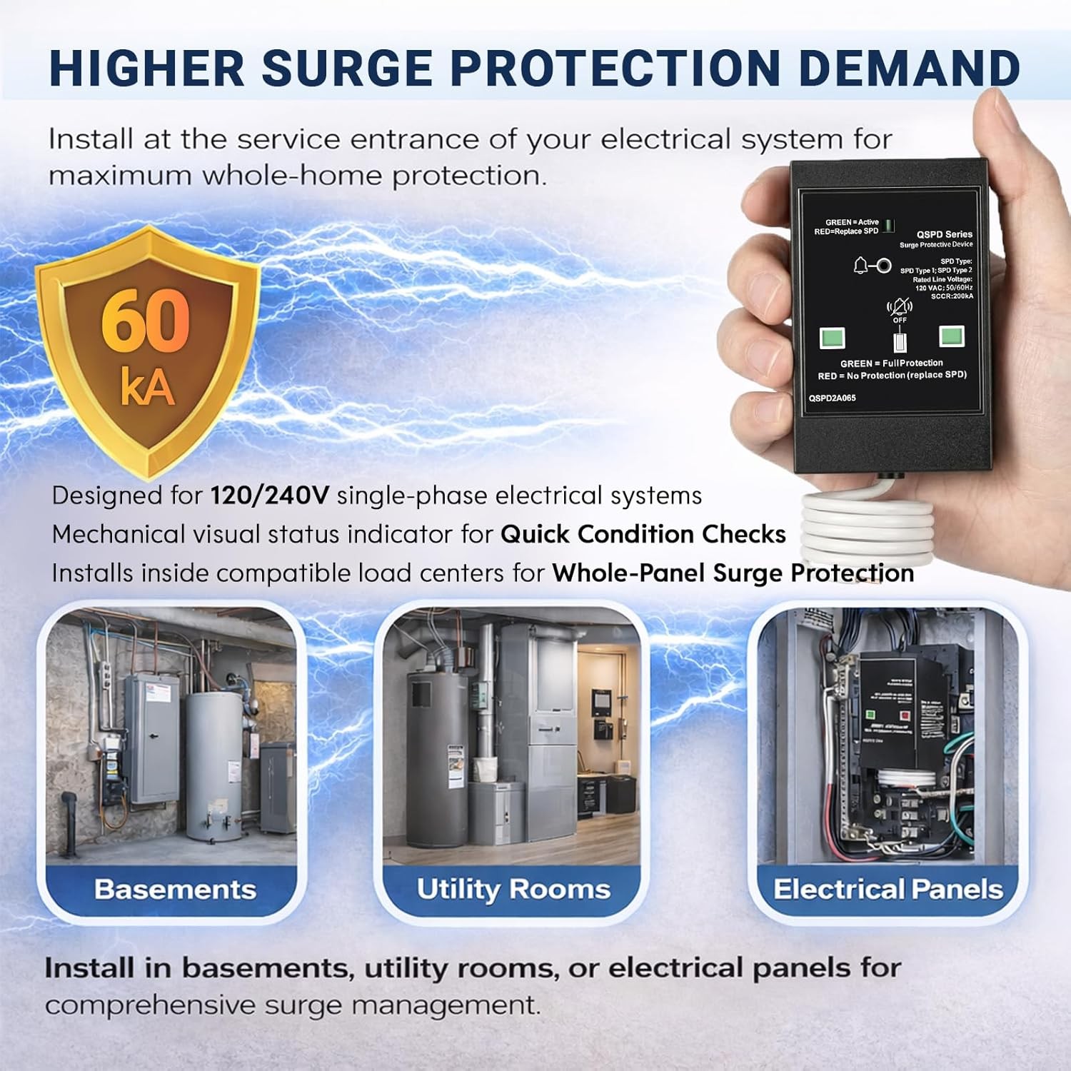 for Siemens QSPD2A065P 2-Pole 65kA 120/240V 1Ø AC House Surge Protection Device