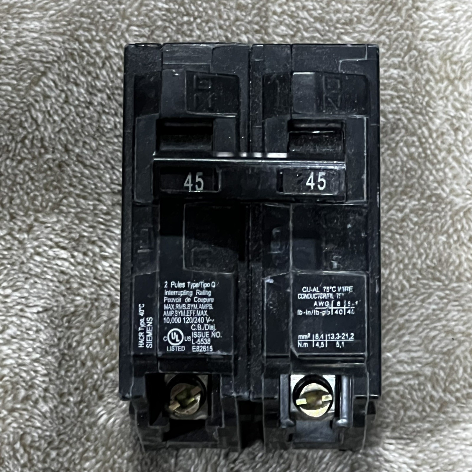 Lot Of 3 SIEMENS Q245 45 Amp, 120/240V, 2-Pole, Snap-In Circuit Breaker