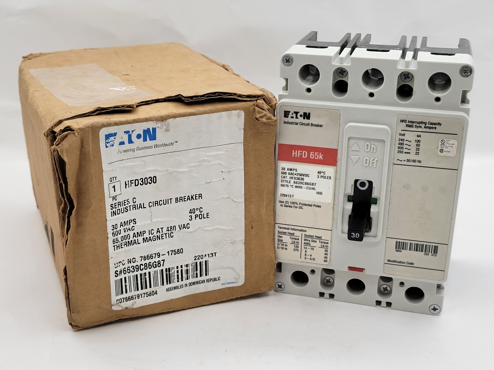 Eaton HFD3030 Bolt-On Circuit Breaker 30A 3P 600V HFD65K Red 30 Amp