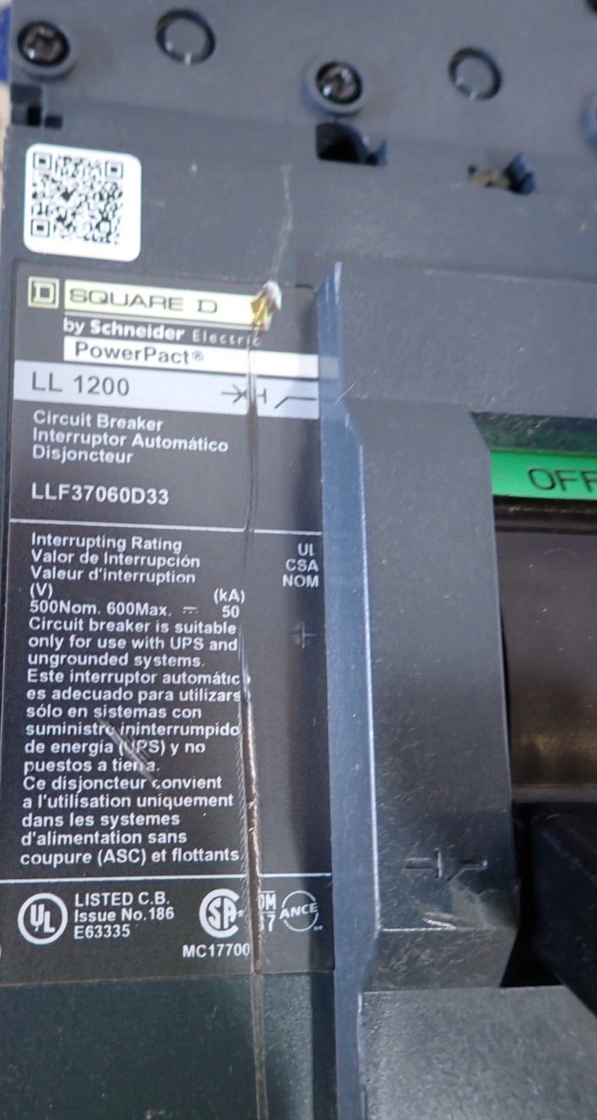 Square D Circuit Breaker LLF37060D33 500V 50kA LL1200 PowerPact TESTED