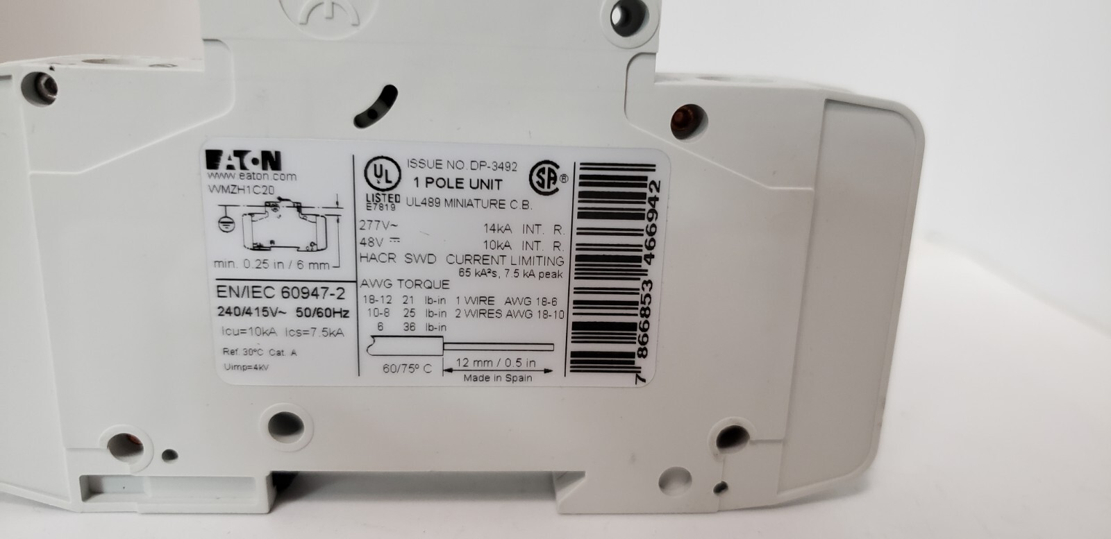 EATON WMZH1C20 CIRCUIT BREAKER, 1 POLE, 20A, 240/415V, 14kA, TYPE C, NIB