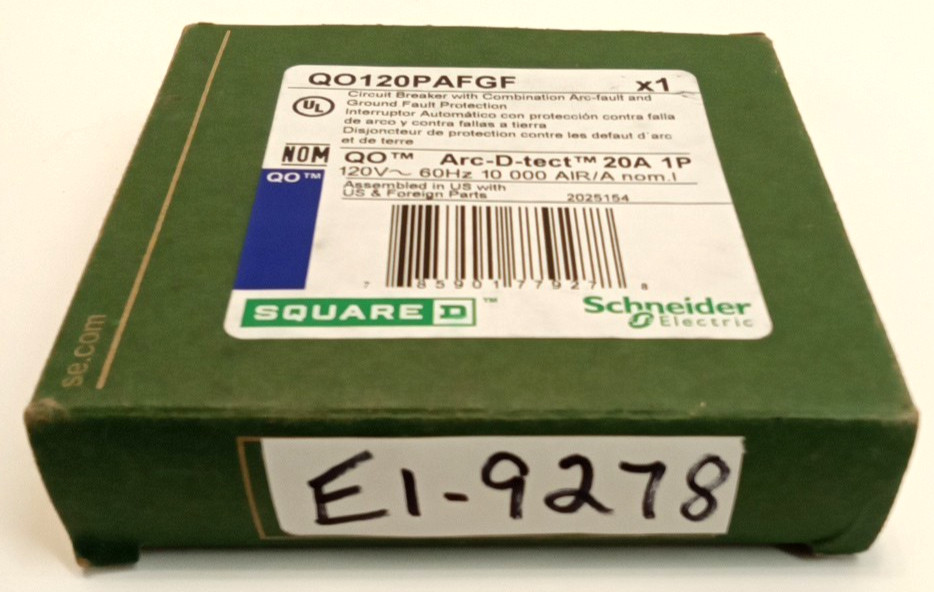 SquareD QO12PAFGF Circuit Breaker 20A 1P 120VAC 10kA Plug In ARC/GRD Fault PON
