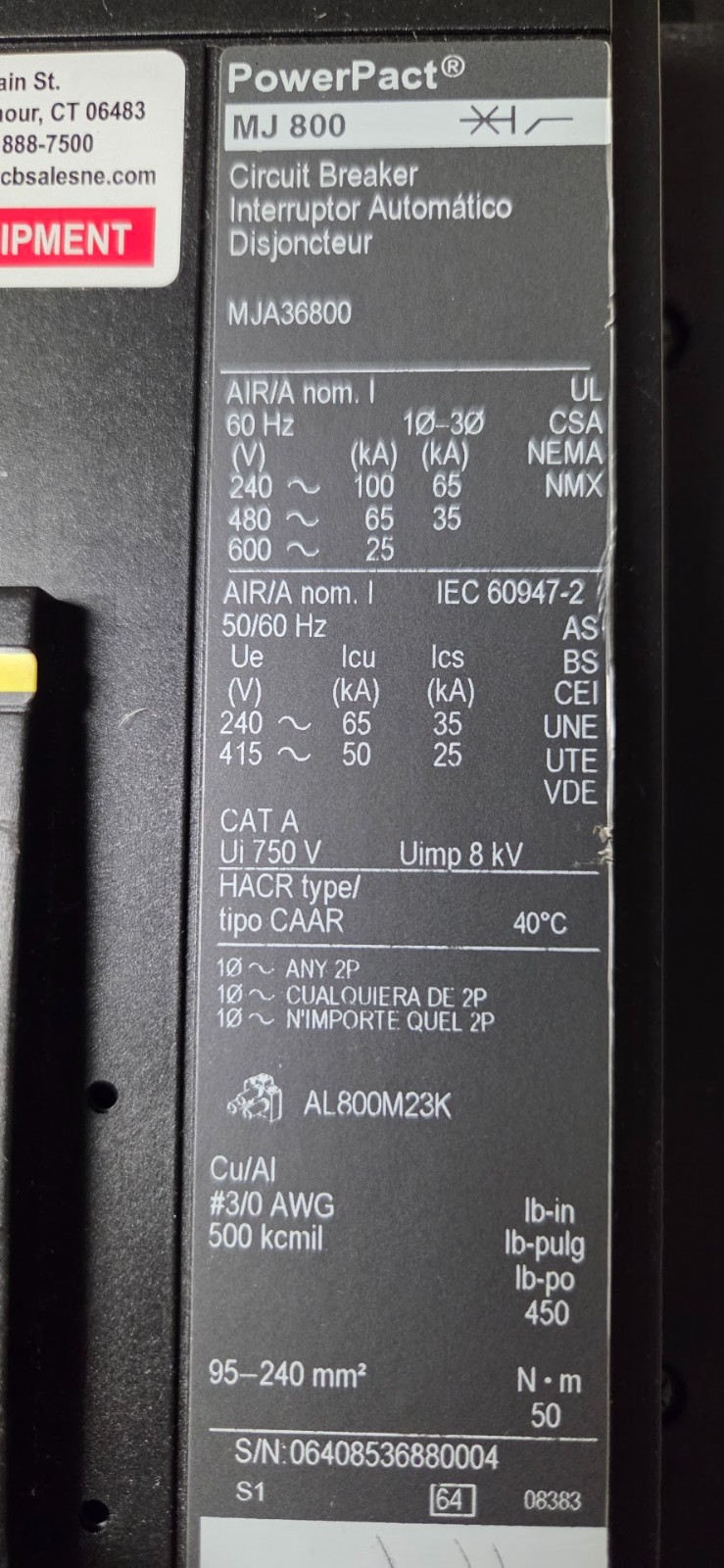 Square D MJA36400 600VDC 3 Poles Line Circuit Breaker