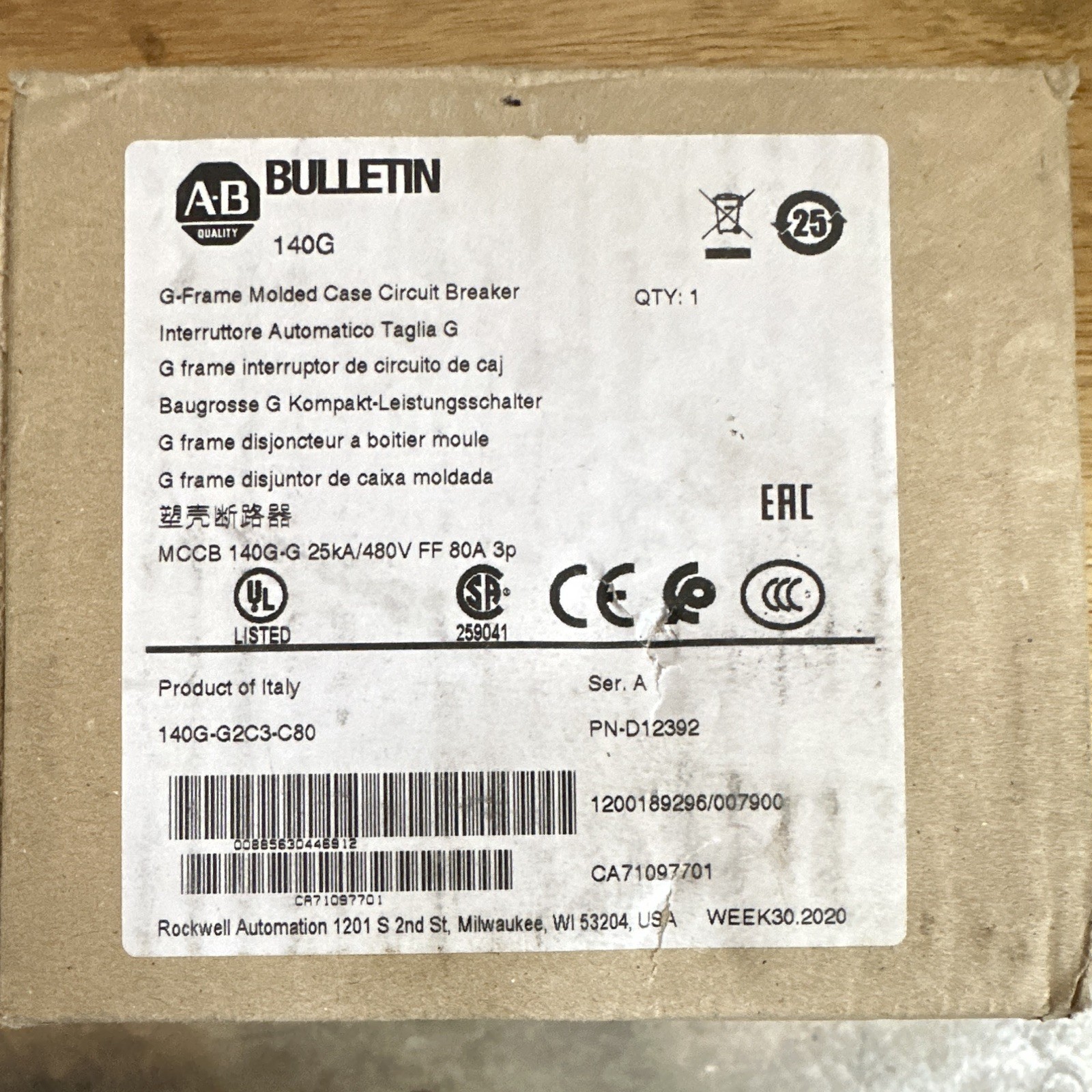 Allen-Bradley 140G-G2C3-C80 140G MCCB Circuit Breaker 80A 480V 3P